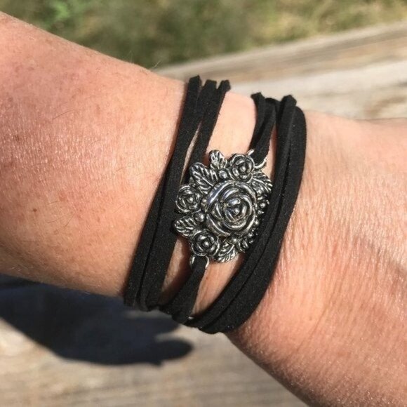 Tie Wrap Floral Rose Silver Bracelet Cuff Yoga Boho Biker Vegan Faux Leather - Picture 2 of 11